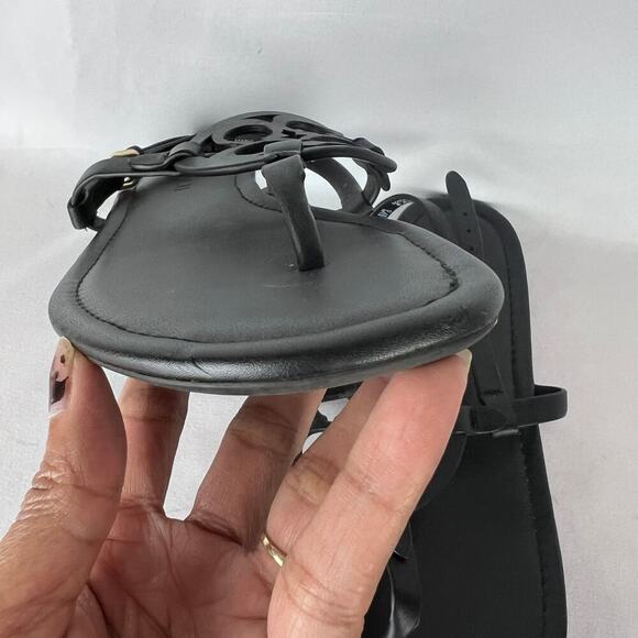 Coach Women's Flat Jaci Logo T-strap Sandals Slingback 7B Black Leather - Picture 7 of 7